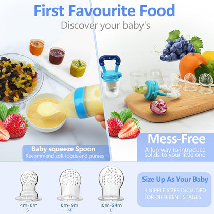 Baby Fruit Feeder Pacifier Set - 12 Pack | Includes 2 Infant Food Feeders and 1 Baby Food Dispensing Spoon | Silicone Teething Fruit Teethers for Infants (Blue)