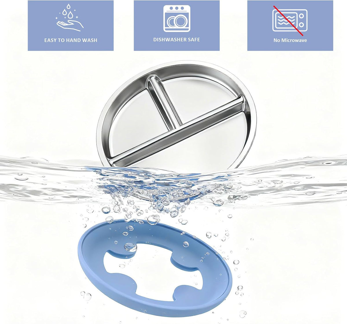 Stainless Steel Divided Suction Plates for Toddlers - 8-Inch Non-Toxic, Non-Slip Snack Dishes with Removable Silicone Suction - Set of 3 in Blue, Gray, and Beige