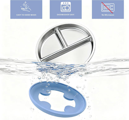 Stainless Steel Divided Suction Plates for Toddlers - 8-Inch Non-Toxic, Non-Slip Snack Dishes with Removable Silicone Suction - Set of 3 in Blue, Gray, and Beige