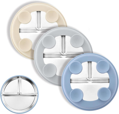 Stainless Steel Divided Suction Plates for Toddlers - 8-Inch Non-Toxic, Non-Slip Snack Dishes with Removable Silicone Suction - Set of 3 in Blue, Gray, and Beige
