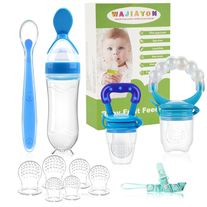 Baby Fruit Feeder Pacifier Set - 12 Pack | Includes 2 Infant Food Feeders and 1 Baby Food Dispensing Spoon | Silicone Teething Fruit Teethers for Infants (Blue)