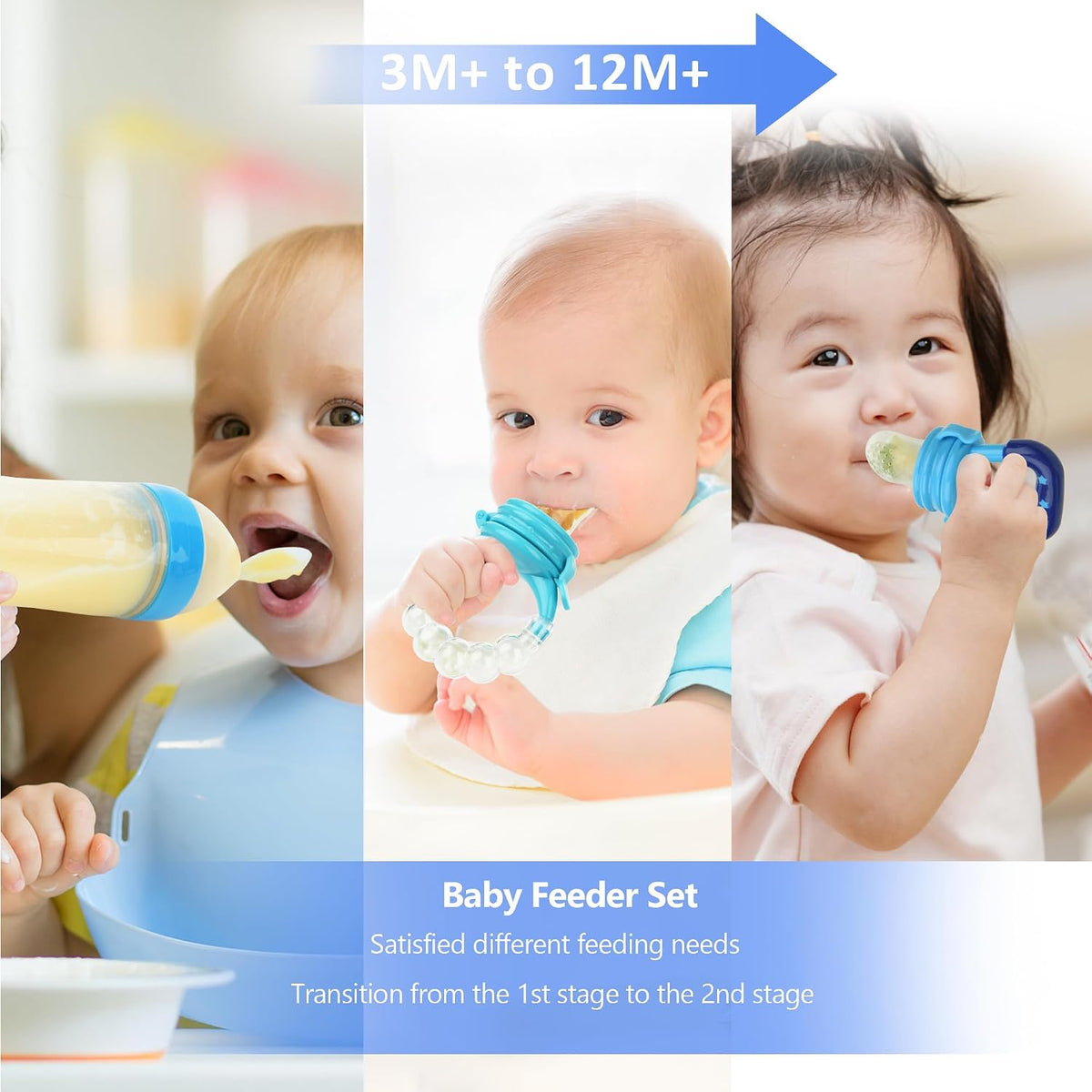Baby Fruit Feeder Pacifier Set - 12 Pack | Includes 2 Infant Food Feeders and 1 Baby Food Dispensing Spoon | Silicone Teething Fruit Teethers for Infants (Blue)
