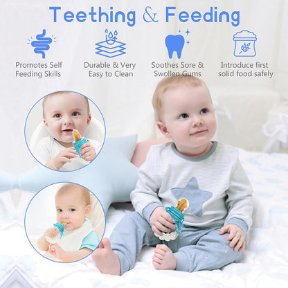 Baby Fruit Feeder Pacifier Set - 12 Pack | Includes 2 Infant Food Feeders and 1 Baby Food Dispensing Spoon | Silicone Teething Fruit Teethers for Infants (Blue)