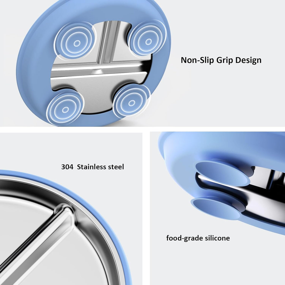 Stainless Steel Divided Suction Plates for Toddlers - 8-Inch Non-Toxic, Non-Slip Snack Dishes with Removable Silicone Suction - Set of 3 in Blue, Gray, and Beige