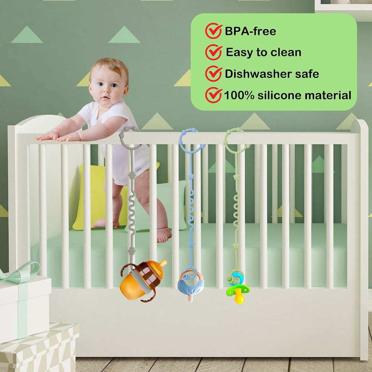 Silicone Baby Toy Straps and Pacifier Clips for Car Seats, High Chairs, Strollers, Cribs, and Rocking Chairs