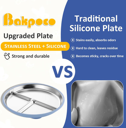 Stainless Steel Divided Suction Plates for Toddlers - 8-Inch Non-Toxic, Non-Slip Snack Dishes with Removable Silicone Suction - Set of 3 in Blue, Gray, and Beige
