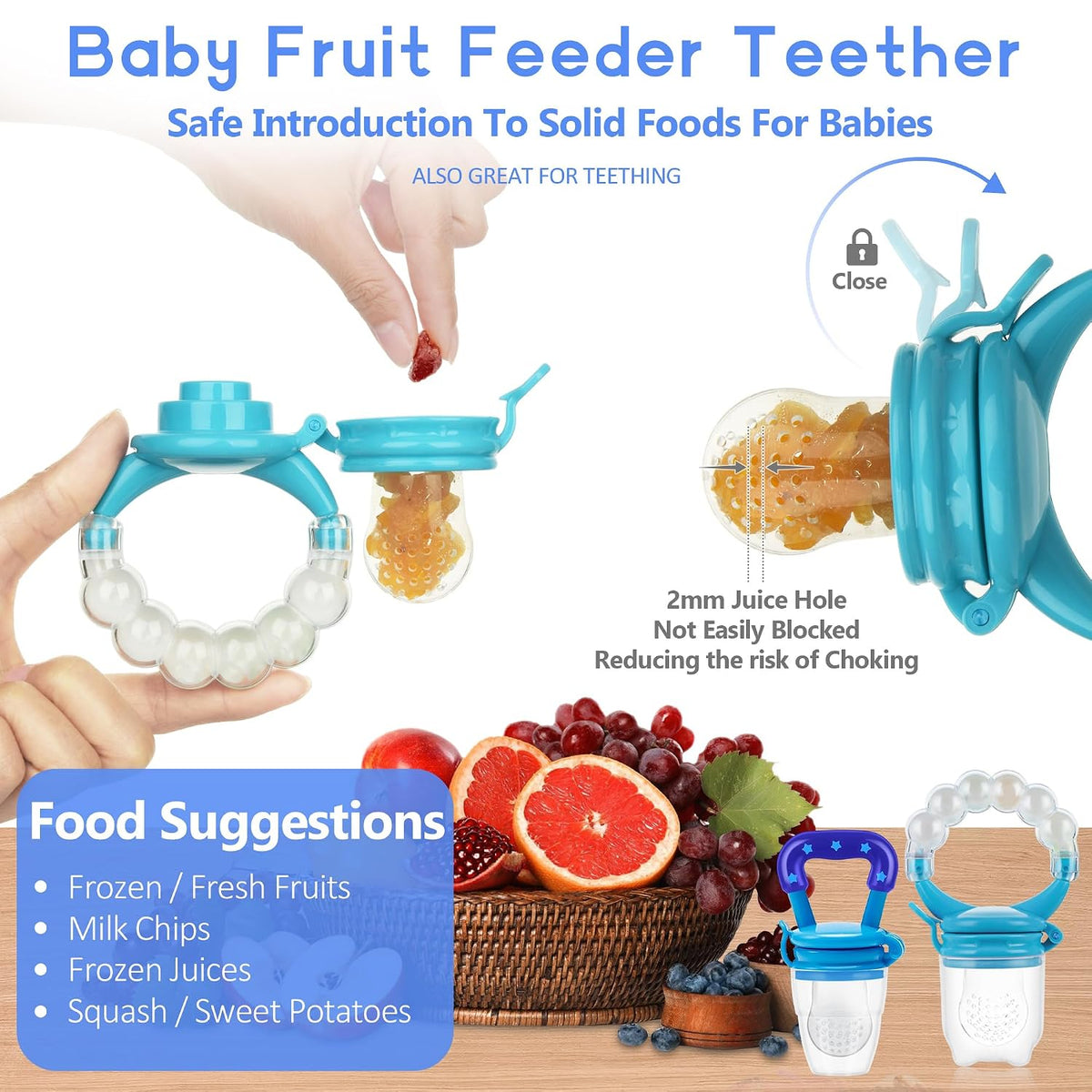 Baby Fruit Feeder Pacifier Set - 12 Pack | Includes 2 Infant Food Feeders and 1 Baby Food Dispensing Spoon | Silicone Teething Fruit Teethers for Infants (Blue)