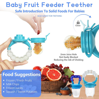 Baby Fruit Feeder Pacifier Set - 12 Pack | Includes 2 Infant Food Feeders and 1 Baby Food Dispensing Spoon | Silicone Teething Fruit Teethers for Infants (Blue)