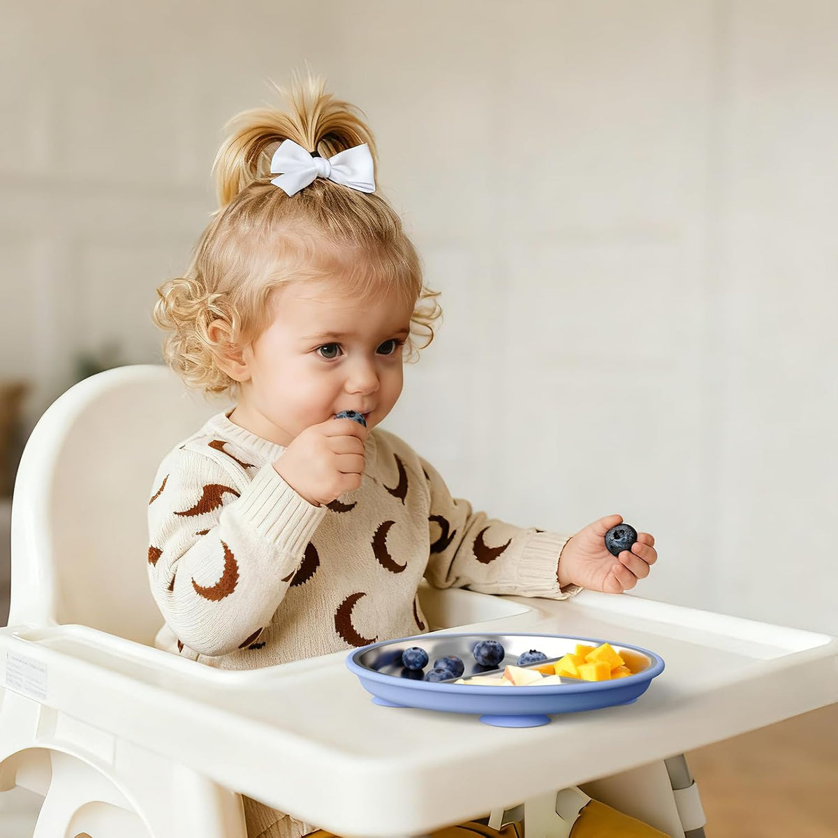 Stainless Steel Divided Suction Plates for Toddlers - 8-Inch Non-Toxic, Non-Slip Snack Dishes with Removable Silicone Suction - Set of 3 in Blue, Gray, and Beige