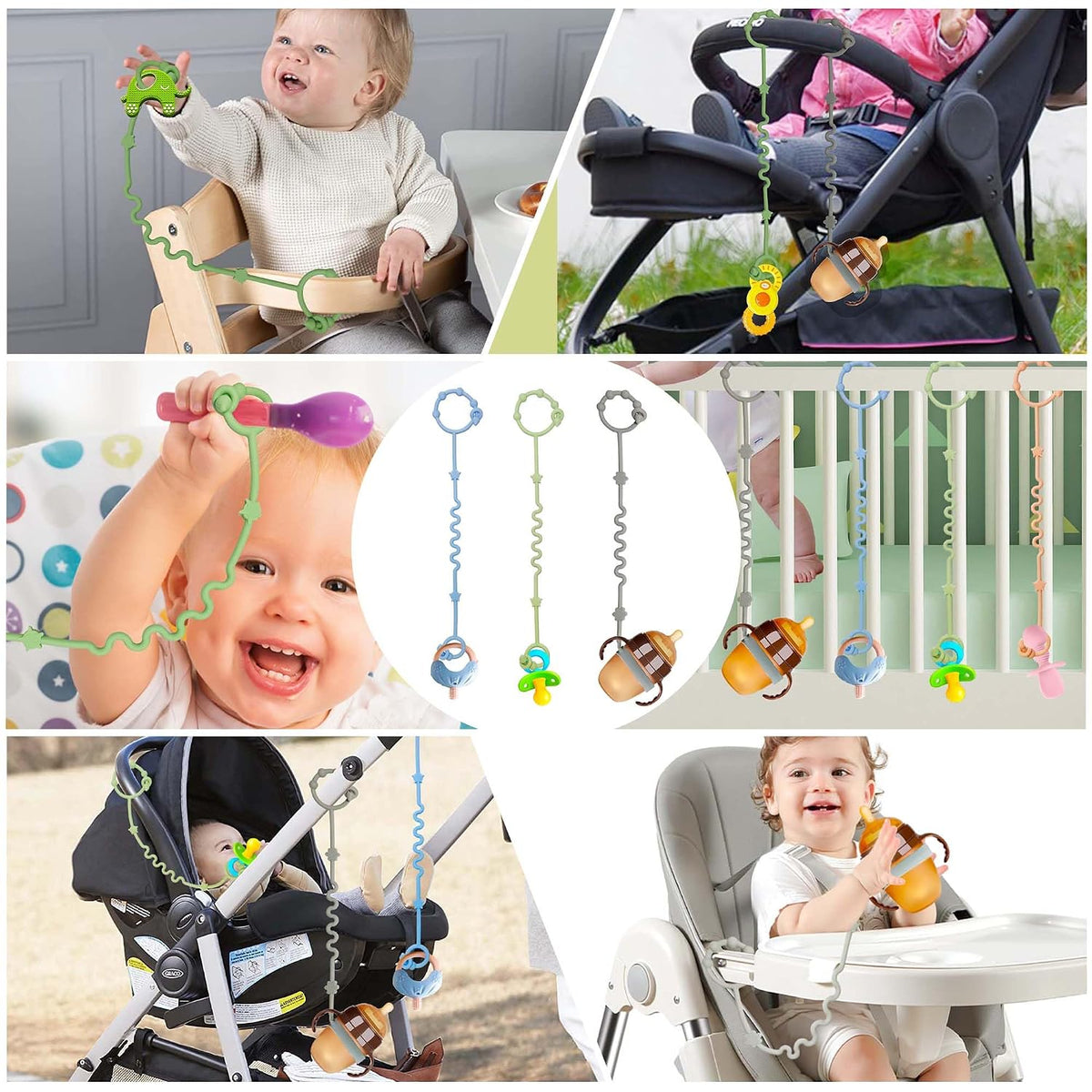 Silicone Baby Toy Straps and Pacifier Clips for Car Seats, High Chairs, Strollers, Cribs, and Rocking Chairs