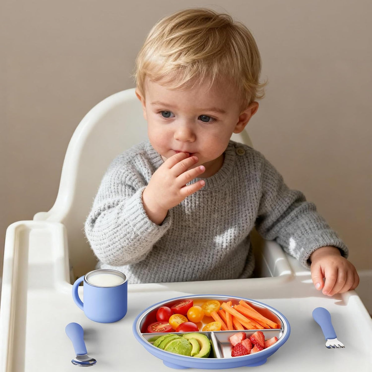 Stainless Steel Divided Suction Plates for Toddlers - 8-Inch Non-Toxic, Non-Slip Snack Dishes with Removable Silicone Suction - Set of 3 in Blue, Gray, and Beige